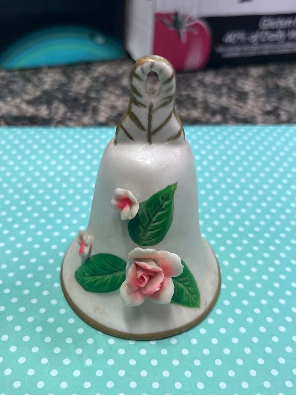 Vintage 1977 Spencer Gifts Porcelain Bell with Pink Floral Rose Detail